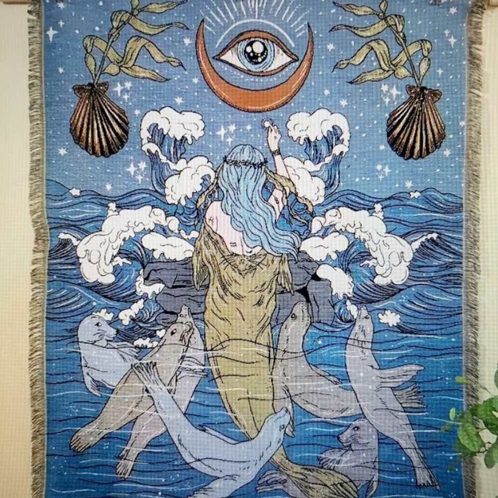Mermaid Siren Seal Coat All seeing Eye Woven Jacquard Blanket Tapestry 2…
